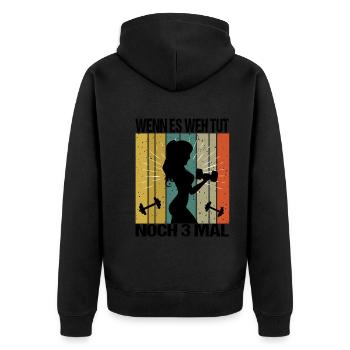 Bodybuilding Sprüche Frau Wenn es weh tut nochmal - Unisex Premium Bio Zip Hoodie - Schwarz - Hinten - Nico (187cm)