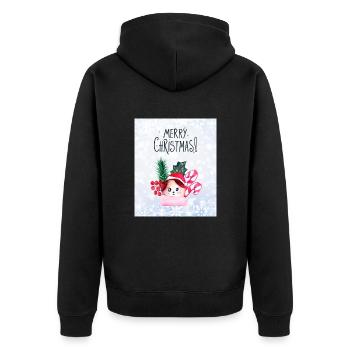 Frohe Weihnachten mit niedlichem kleinen Charakter - Unisex Premium Bio Zip Hoodie - Schwarz - Hinten - Nico (187cm)