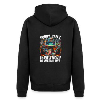 Zitat „filmkino-liebhaber-popcorn-film Ansehen“ - Unisex Premium Bio Zip Hoodie - Schwarz - Hinten - Nico (187cm)
