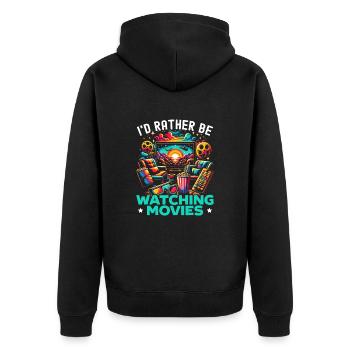 Zitat „filmkino-liebhaber-popcorn-film Ansehen“ - Unisex Premium Bio Zip Hoodie - Schwarz - Hinten - Nico (187cm)