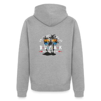 Nous sommes en pause estivale - Veste à capuche bio Premium Unisexe - gris chiné - Dos - Nico (187cm)
