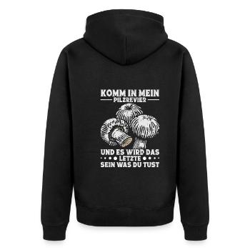 Pilzjäger Pilzsammler Schirmling Pilzsucher - Unisex Premium Bio Zip Hoodie - Schwarz - Hinten - Nico (187cm)
