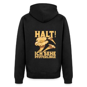 Pilze Pilzjäger Pfifferlingsammler Pilzsucher - Unisex Premium Bio Zip Hoodie - Schwarz - Hinten - Nico (187cm)