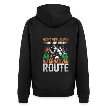 WandernWanderer Rucksack Wanderausflug Bergsteiger - Unisex Premium Bio Zip Hoodie - Schwarz - Hinten - Nico (187cm)