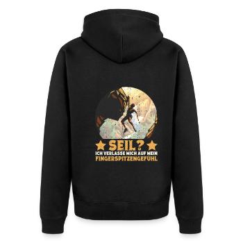 Boulderer Bouldern Klettern Freeclimbing - Unisex Premium Bio Zip Hoodie - Schwarz - Hinten - Nico (187cm)