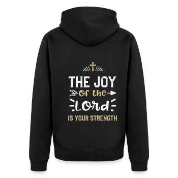 The joy of the Lord is your stre... - Unisex Premium Bio Zip Hoodie - Schwarz - Hinten - Nico (187cm)