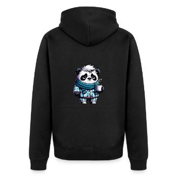 Panda in Pyjama und Schal mit einer Tasse Kaffee - Unisex Premium Bio Zip Hoodie - Schwarz - Hinten - Nico (187cm)