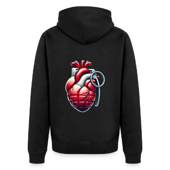 Explosive Herzgranate Design - Unisex Premium Bio Zip Hoodie - Schwarz - Hinten - Nico (187cm)
