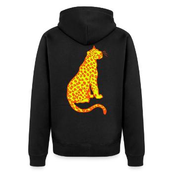 Sitzende Leopard von Cheerful Madness!! - Unisex Premium Bio Zip Hoodie - Schwarz - Hinten - Nico (187cm)
