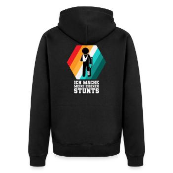 ICH MACHE MEINE EIGENEN STUNTS - Unisex Premium Bio Zip Hoodie - Schwarz - Hinten - Nico (187cm)