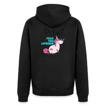 Lipödem Lymphödem Fuck You Einhorn Happy support - Unisex Premium Bio Zip Hoodie - Schwarz - Hinten - Nico (187cm)