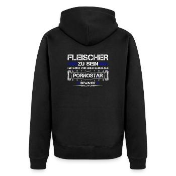 FLEISCHER ZU SEIN... - Unisex Premium Bio Zip Hoodie - Schwarz - Hinten - Nico (187cm)