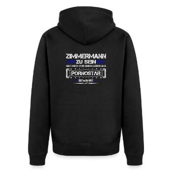 ZIMMERMANN LUSTIGER SPRUCH GESCHENK - Unisex Premium Bio Zip Hoodie - Schwarz - Hinten - Nico (187cm)