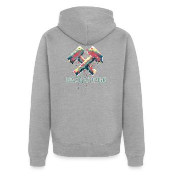 Logo monts Métallifères avec marteau et battement, Tatouage - Veste à capuche bio Premium Unisexe - gris chiné - Dos - Nico (187cm)