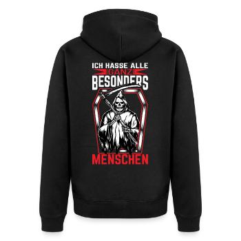 Ich hasse Menschen - Unisex Premium Bio Zip Hoodie - Schwarz - Hinten - Nico (187cm)
