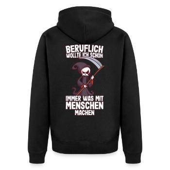 Beruflich wollte ich was mit Menschen Sensenmann - Unisex Premium Bio Zip Hoodie - Schwarz - Hinten - Nico (187cm)