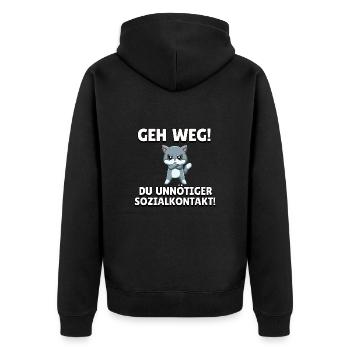 Geh weg du unnötiger Sozialkontakt - Unisex Premium Bio Zip Hoodie - Schwarz - Hinten - Nico (187cm)