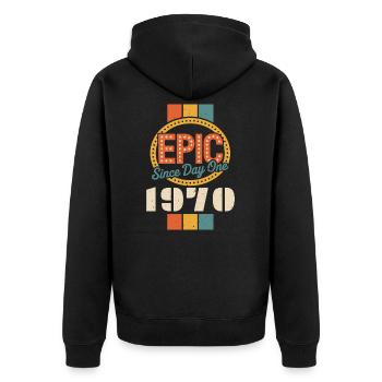 Legendär seit 1970 - Unisex Premium Bio Zip Hoodie - Schwarz - Hinten - Nico (187cm)