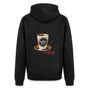 Coffee First Morning Cafe Liebhaber - Unisex Premium Bio Zip Hoodie - Schwarz - Hinten - Nico (187cm)