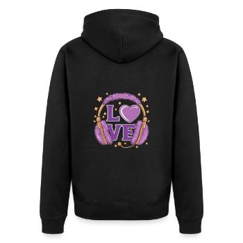 Lila Love Music Kopfhörer mit Sternen und Herz - Unisex Premium Bio Zip Hoodie - Schwarz - Hinten - Nico (187cm)
