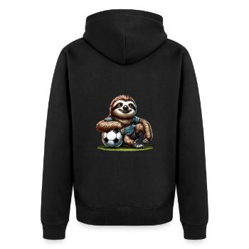Lustiges Faultier spielt Fussball für - Unisex Premium Bio Zip Hoodie - Schwarz - Hinten - Nico (187cm)