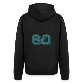 80. 80 YEARS. 80th ANNIVERSARY. 80 YEARS ANNIVERSARY. - Unisex Premium Organic Zip Hoodie - black - Back - Nico (187cm)
