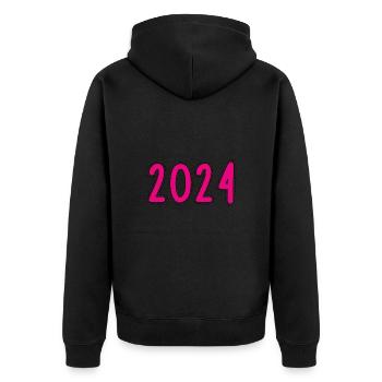 2024. FROHES NEUES JAHR. SILVESTER. NEUJAHR - Unisex Premium Bio Zip Hoodie - Schwarz - Hinten - Nico (187cm)