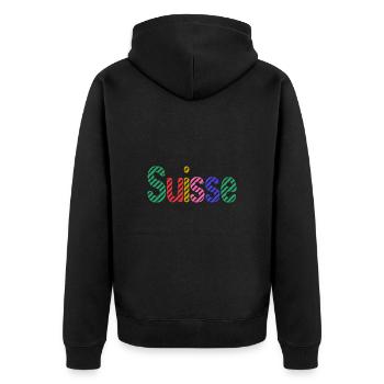 SCHWEIZ. HUMOR. LAND. FLAGGE. GENF. LAUSANNE - Unisex Premium Bio Zip Hoodie - Schwarz - Hinten - Nico (187cm)