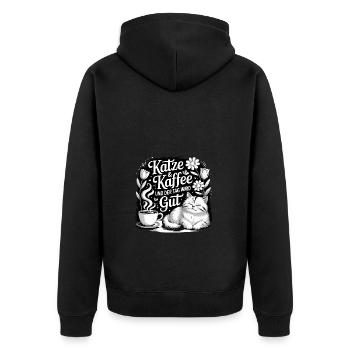 Katze und Kaffee ist alles was ich brauche - Unisex Premium Bio Zip Hoodie - Schwarz - Hinten - Nico (187cm)