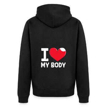 Body Positivity Feminist Feminismus Feministin - Unisex Premium Bio Zip Hoodie - Schwarz - Hinten - Nico (187cm)