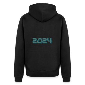 2024. FROHES NEUES JAHR. SILVESTER. NEUJAHR - Unisex Premium Bio Zip Hoodie - Schwarz - Hinten - Nico (187cm)