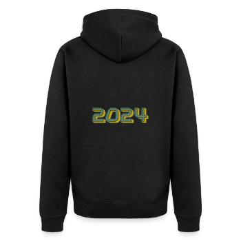 2024. FROHES NEUES JAHR. SILVESTER. NEUJAHR - Unisex Premium Bio Zip Hoodie - Schwarz - Hinten - Nico (187cm)