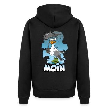 Möwe mit Regenschirm und Gummistiefel - Moin - Unisex Premium Bio Zip Hoodie - Schwarz - Hinten - Nico (187cm)