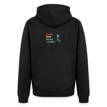 Hike now work later - Unisex Premium Bio Zip Hoodie - Schwarz - Hinten - Nico (187cm)