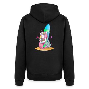Licorne avec planche de surf sur la plage - Veste à capuche bio Premium Unisexe - noir - Dos - Nico (187cm)