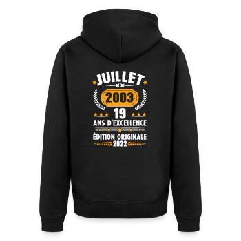 Cadeau d'anniversaire 19 Ans, Né en juillet 2003 - Veste à capuche bio Premium Unisexe - noir - Dos - Nico (187cm)