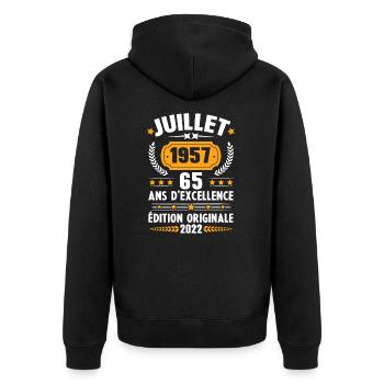 Cadeau d'anniversaire 65 Ans, Né en juillet 1957 - Veste à capuche bio Premium Unisexe - noir - Dos - Nico (187cm)
