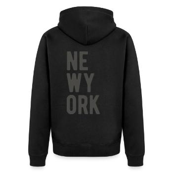 New York City Schriftzug Spruch Meme - Unisex Premium Bio Zip Hoodie - Schwarz - Hinten - Nico (187cm)