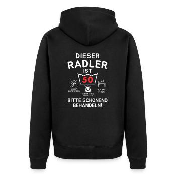 Dieser Radler ist 50. Schonend behandeln - Unisex Premium Bio Zip Hoodie - Schwarz - Hinten - Nico (187cm)