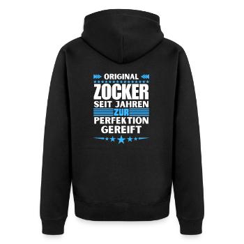 Zur Perfektion gereifter Zocker - Unisex Premium Bio Zip Hoodie - Schwarz - Hinten - Nico (187cm)