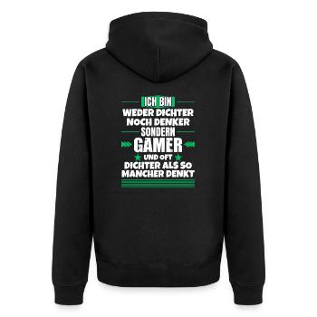 Weder Dichter noch Denker, sondern Gamer - Unisex Premium Bio Zip Hoodie - Schwarz - Hinten - Nico (187cm)