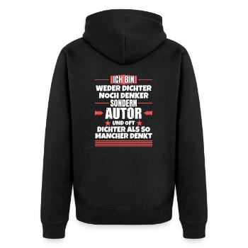 Weder Dichter noch Denker, sondern Autor - Unisex Premium Bio Zip Hoodie - Schwarz - Hinten - Nico (187cm)