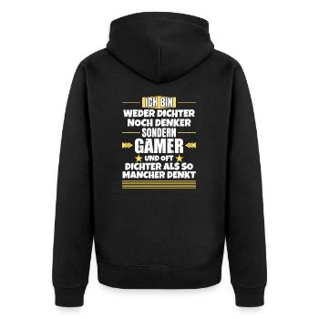 Weder Dichter noch Denker, sondern Gamer - Unisex Premium Bio Zip Hoodie - Schwarz - Hinten - Nico (187cm)