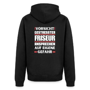 Gestresster Friseur nicht ansprechen! - Unisex Premium Bio Zip Hoodie - Schwarz - Hinten - Nico (187cm)