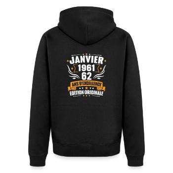 Vintage Cadeau Janvier 1961, 62 Ans Anniversaire - Veste à capuche bio Premium Unisexe - noir - Dos - Nico (187cm)