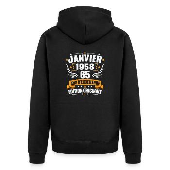 Vintage Cadeau Janvier 1958, 65 Ans Anniversaire - Veste à capuche bio Premium Unisexe - noir - Dos - Nico (187cm)