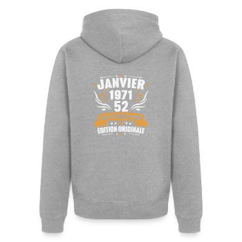 Vintage Cadeau Janvier 1971, 52 Ans Anniversaire - Veste à capuche bio Premium Unisexe - gris chiné - Dos - Nico (187cm)