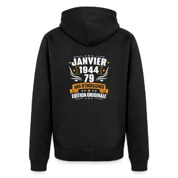 Jahrgangsgeschenk Januar 1944, 79-jähriges Jubiläum - Unisex Premium Bio Zip Hoodie - Schwarz - Hinten - Nico (187cm)