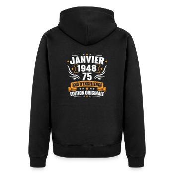 Jahrgangsgeschenk Januar 1948, 75-jähriges Jubiläum - Unisex Premium Bio Zip Hoodie - Schwarz - Hinten - Nico (187cm)