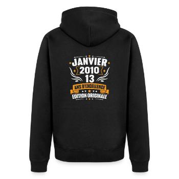 Vintage Gift January 2010, 13 years anniversary - Unisex Premium Organic Zip Hoodie - black - Back - Nico (187cm)